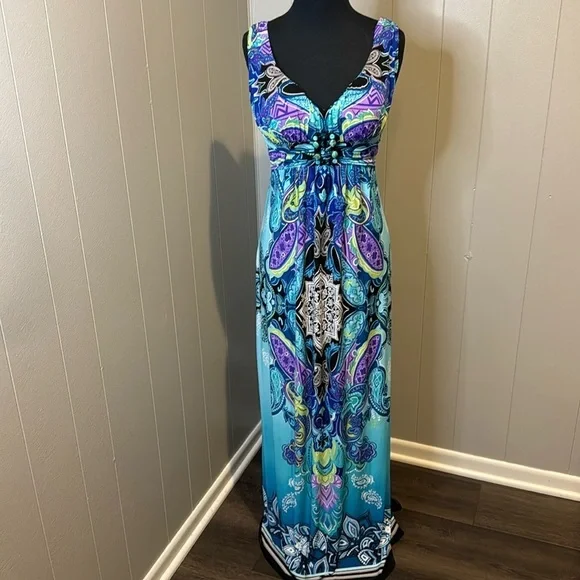 Bisou Bisou silky stretch ruched strap & empire waistband bead buckle maxi. Sz 4 - Picture 1 of 9